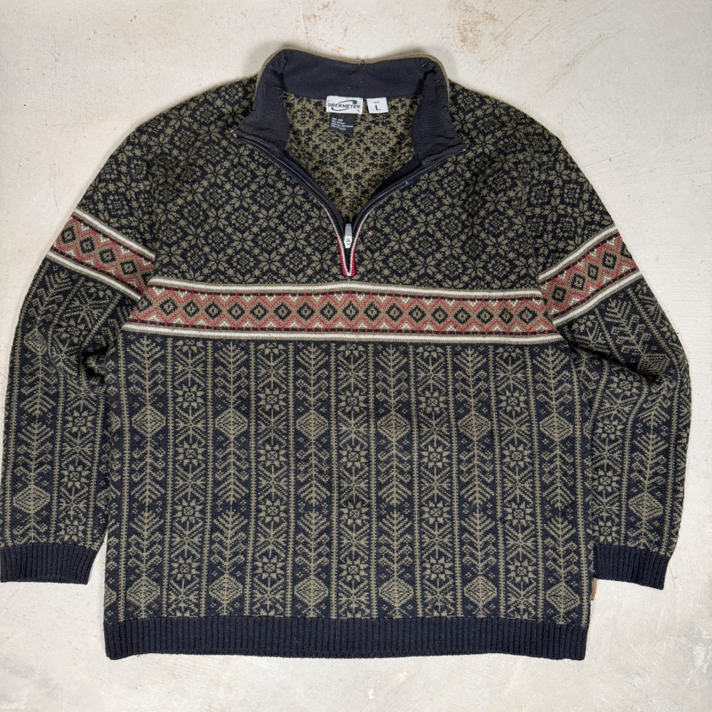 Obermeyer Mens Wool Quarter Zip Sweater Nordic Fair Isle Green Black L 46201